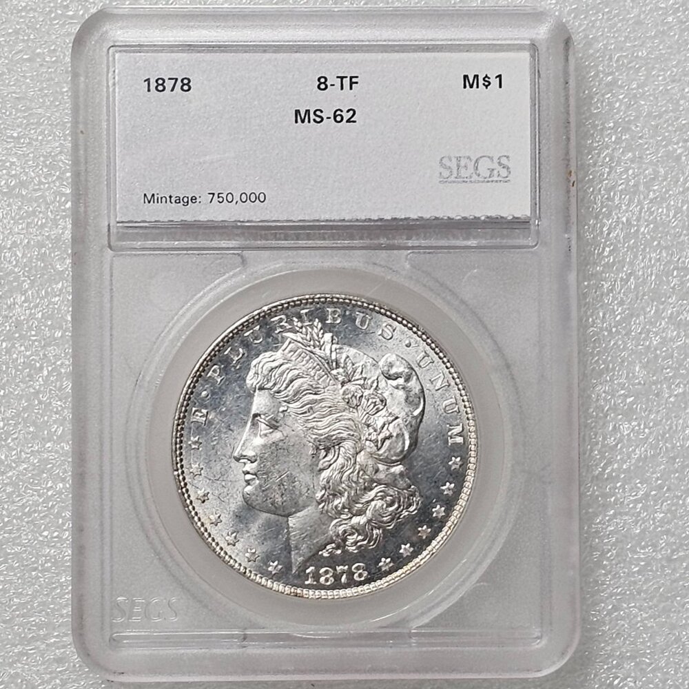 1878 8 TF Tail Feathers Morgan Silver Dollar - SEGS Graded MS62 - RARE - Toning